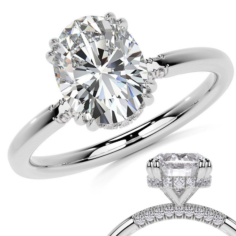 Double Prong Oval Moissanite Engagement Ring with Hidden Halo