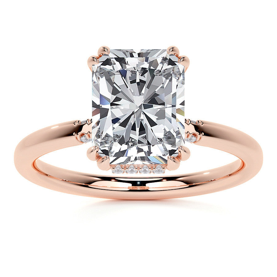 Double Prong Emerald / Radiant Moissanite Engagement Ring with Hidden Halo