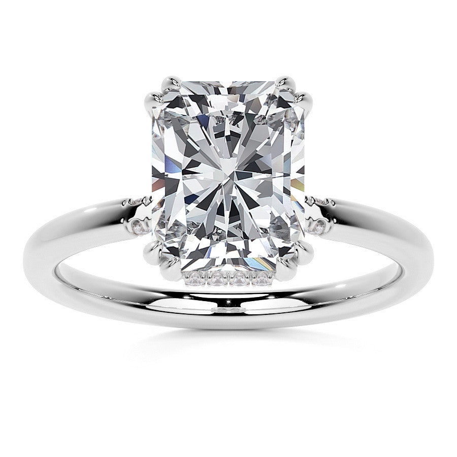 Double Prong Emerald / Radiant Moissanite Engagement Ring with Hidden Halo