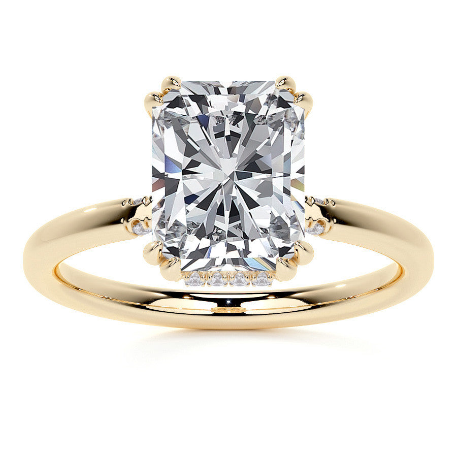 Double Prong Emerald / Radiant Moissanite Engagement Ring with Hidden Halo