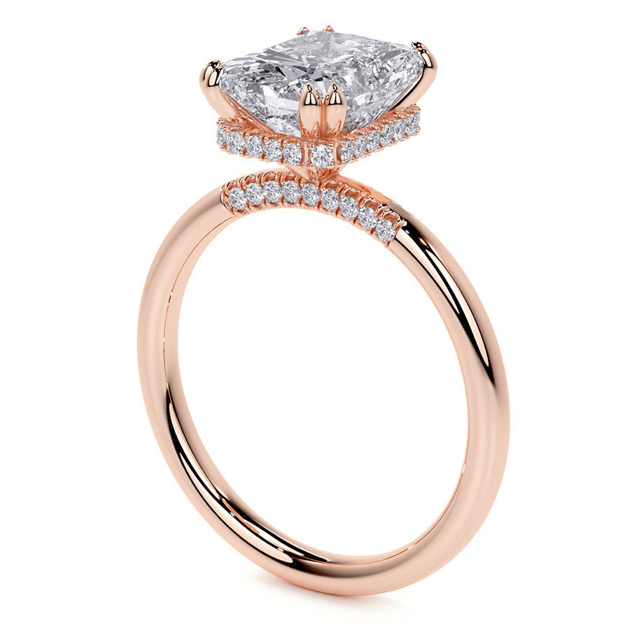 Double Prong Emerald / Radiant Moissanite Engagement Ring with Hidden Halo