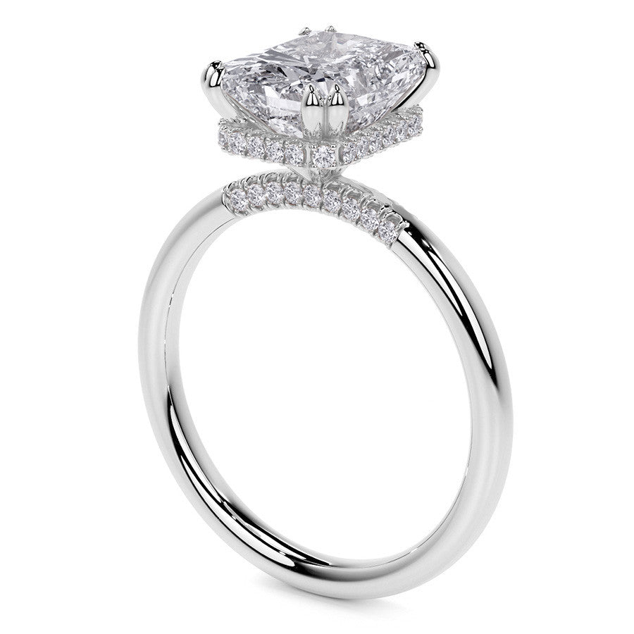 Double Prong Emerald / Radiant Moissanite Engagement Ring with Hidden Halo