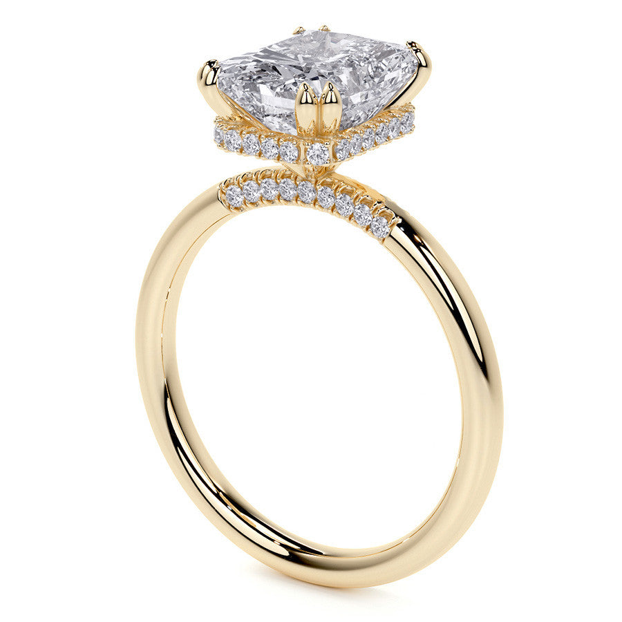 Double Prong Emerald / Radiant Moissanite Engagement Ring with Hidden Halo