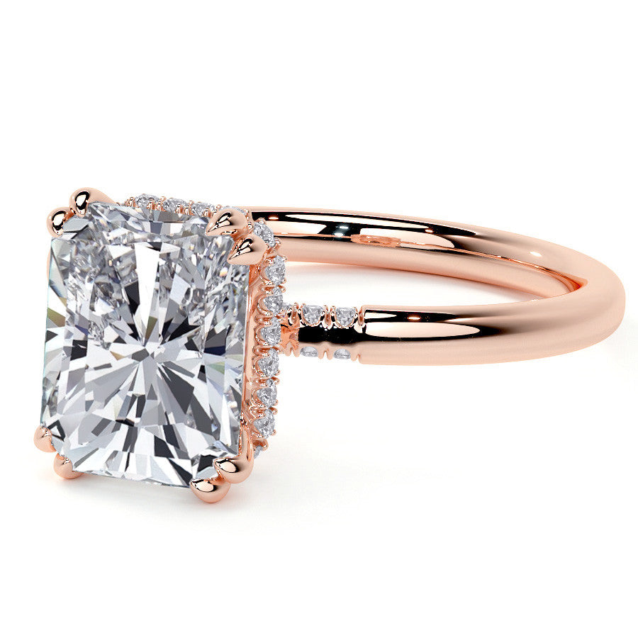 Double Prong Emerald / Radiant Moissanite Engagement Ring with Hidden Halo