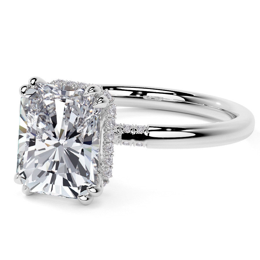 Double Prong Emerald / Radiant Moissanite Engagement Ring with Hidden Halo