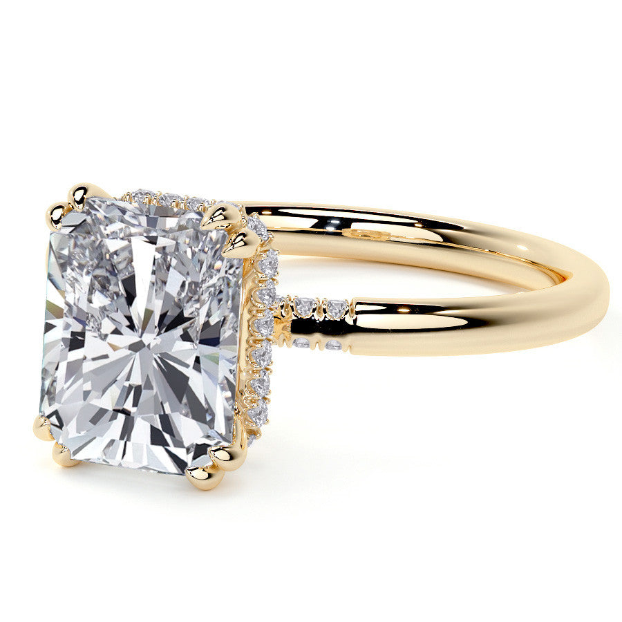 Double Prong Emerald / Radiant Moissanite Engagement Ring with Hidden Halo
