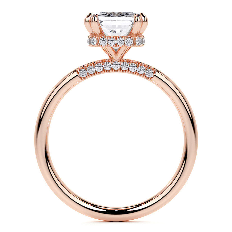 Double Prong Emerald / Radiant Moissanite Engagement Ring with Hidden Halo