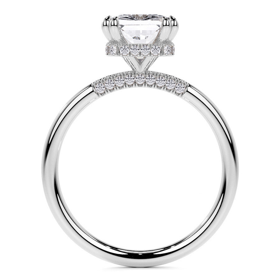 Double Prong Emerald / Radiant Moissanite Engagement Ring with Hidden Halo