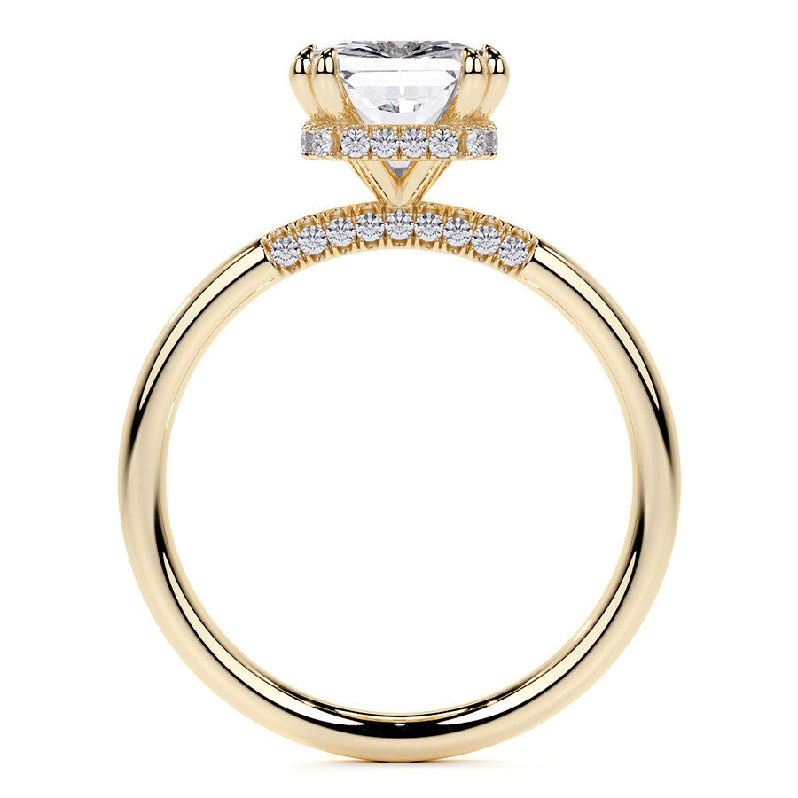 Double Prong Emerald / Radiant Moissanite Engagement Ring with Hidden Halo