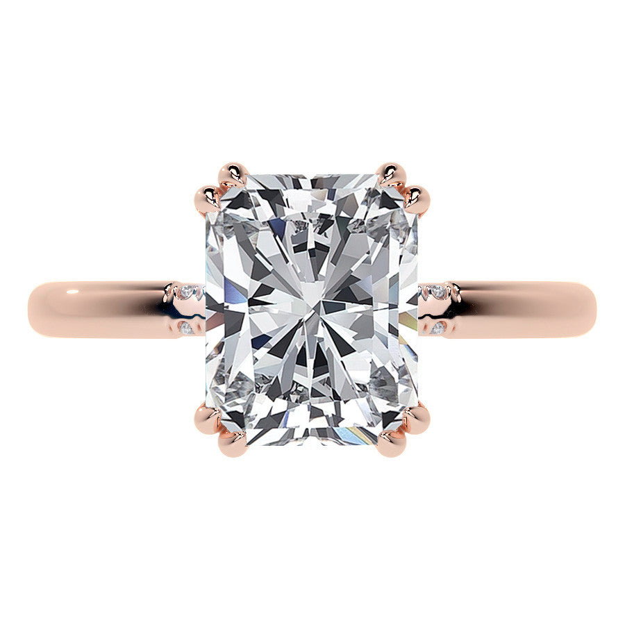 Double Prong Emerald / Radiant Moissanite Engagement Ring with Hidden Halo
