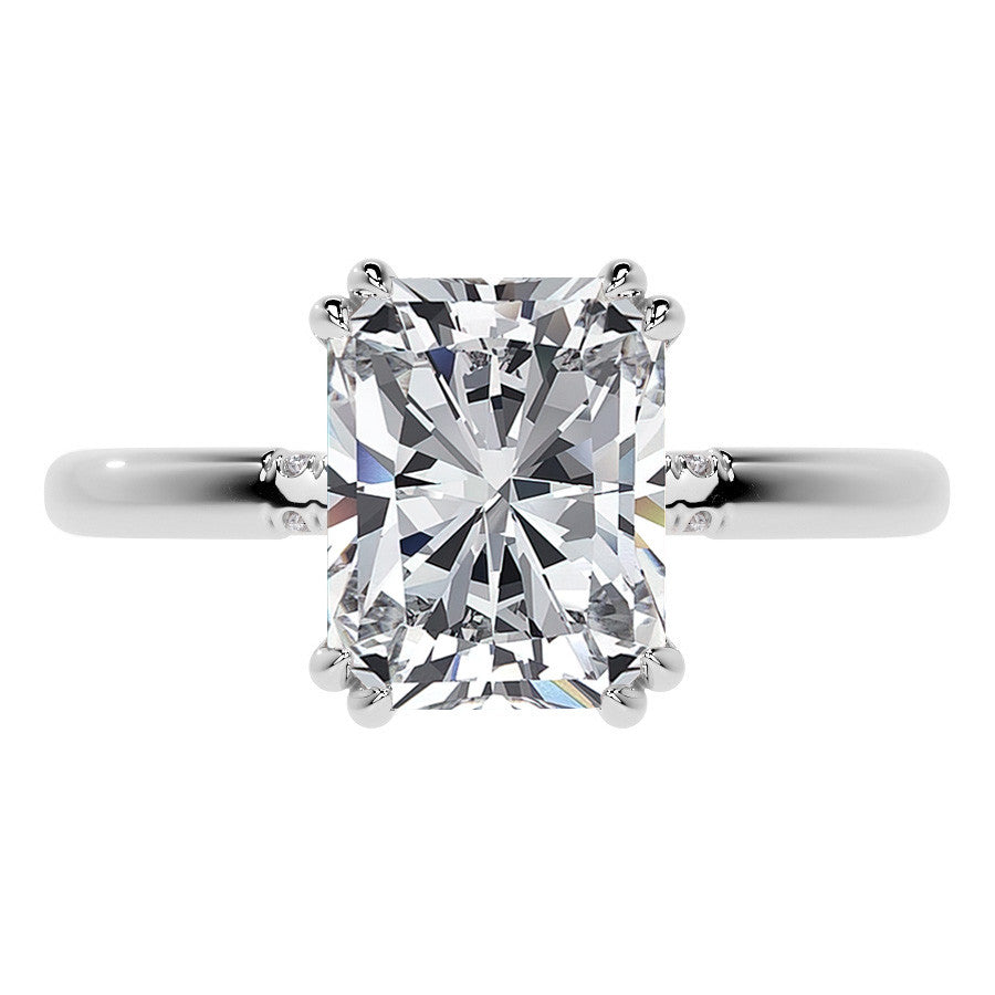 Double Prong Emerald / Radiant Moissanite Engagement Ring with Hidden Halo