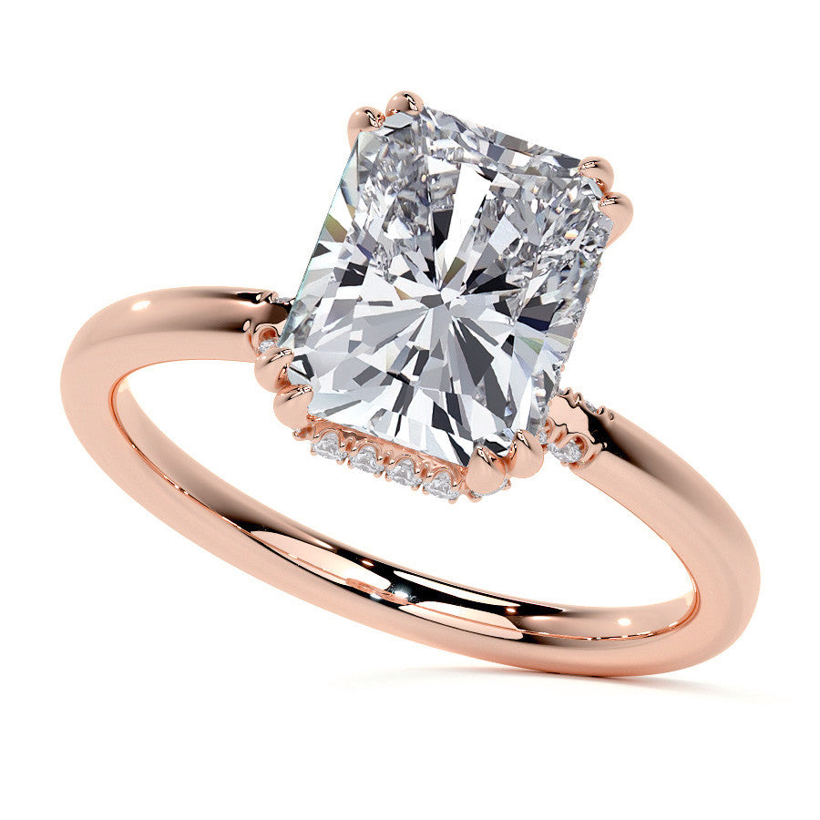 Double Prong Emerald / Radiant Moissanite Engagement Ring with Hidden Halo