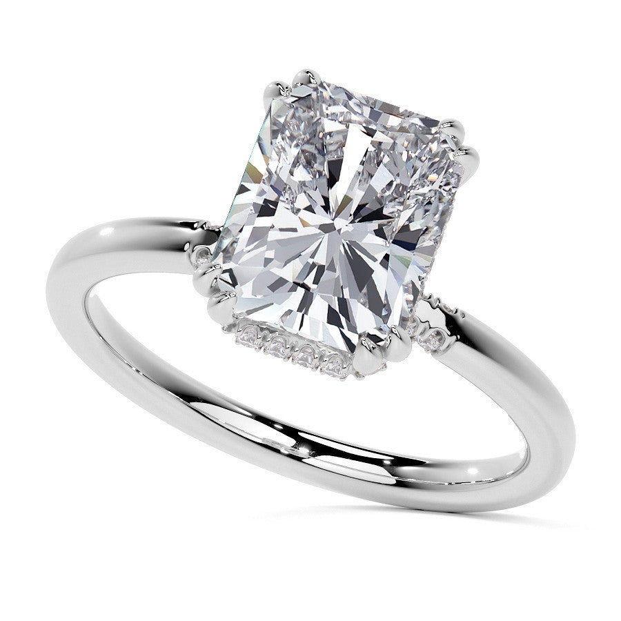 Double Prong Emerald / Radiant Moissanite Engagement Ring with Hidden Halo