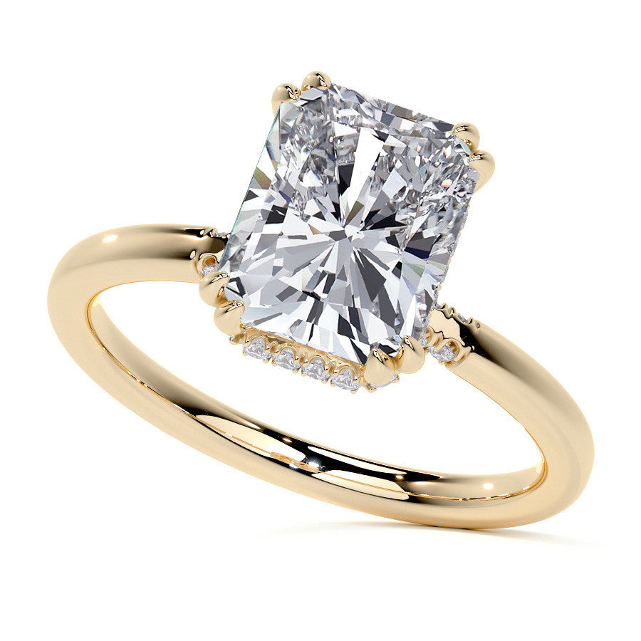 Double Prong Emerald / Radiant Moissanite Engagement Ring with Hidden Halo