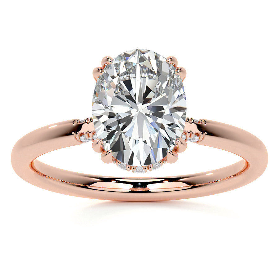 Double Prong Oval Moissanite Engagement Ring with Hidden Halo
