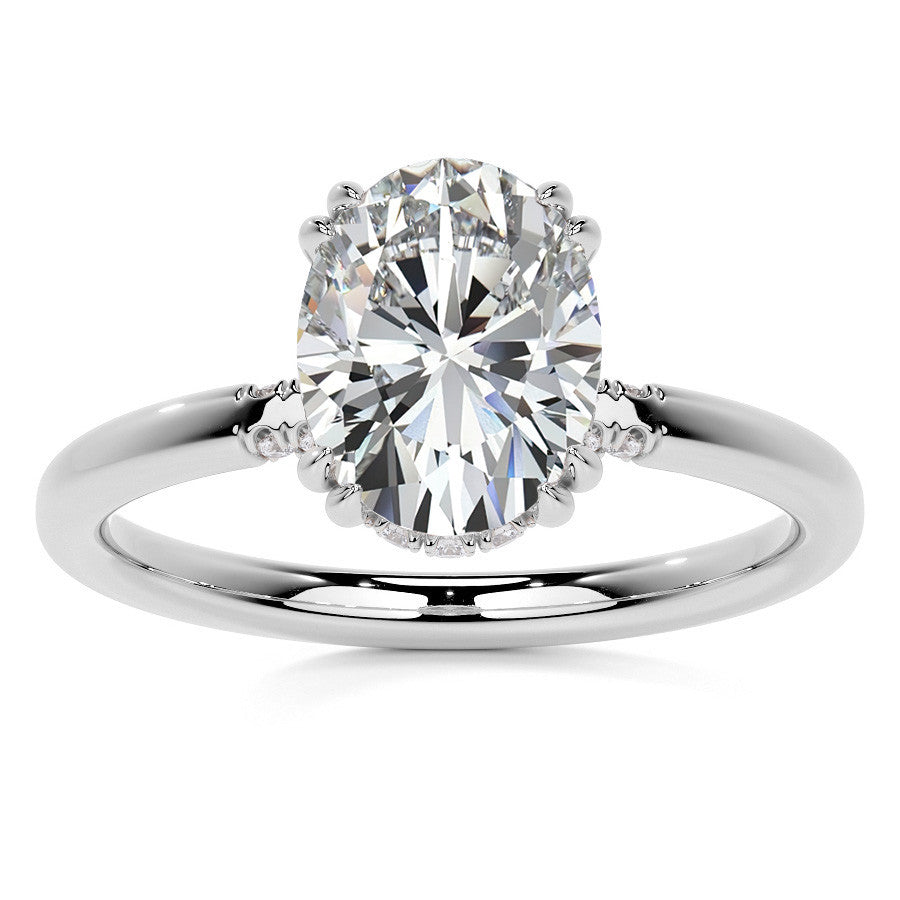 Double Prong Oval Moissanite Engagement Ring with Hidden Halo