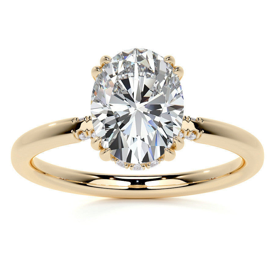 Double Prong Oval Moissanite Engagement Ring with Hidden Halo