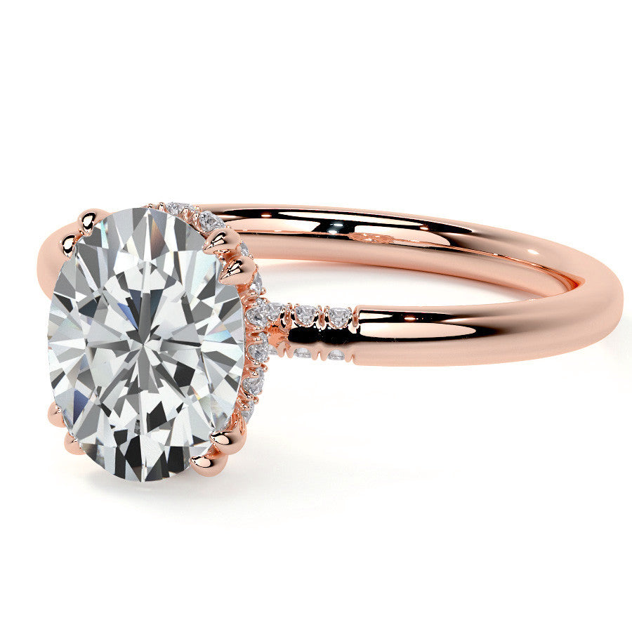 Double Prong Oval Moissanite Engagement Ring with Hidden Halo