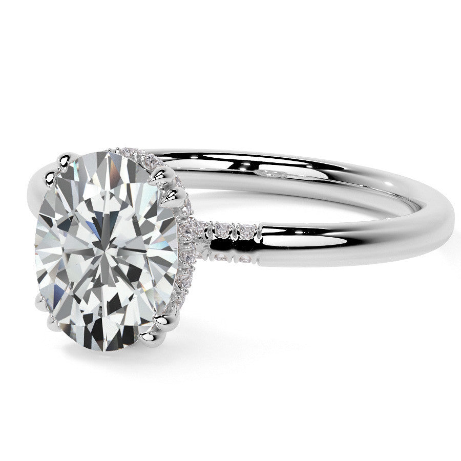 Double Prong Oval Moissanite Engagement Ring with Hidden Halo