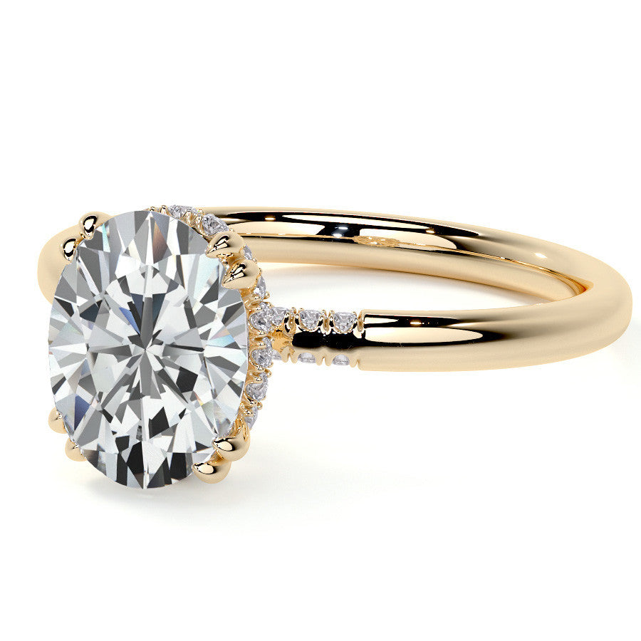 Double Prong Oval Moissanite Engagement Ring with Hidden Halo