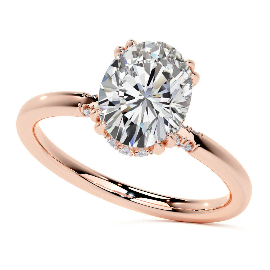 Double Prong Oval Moissanite Engagement Ring with Hidden Halo