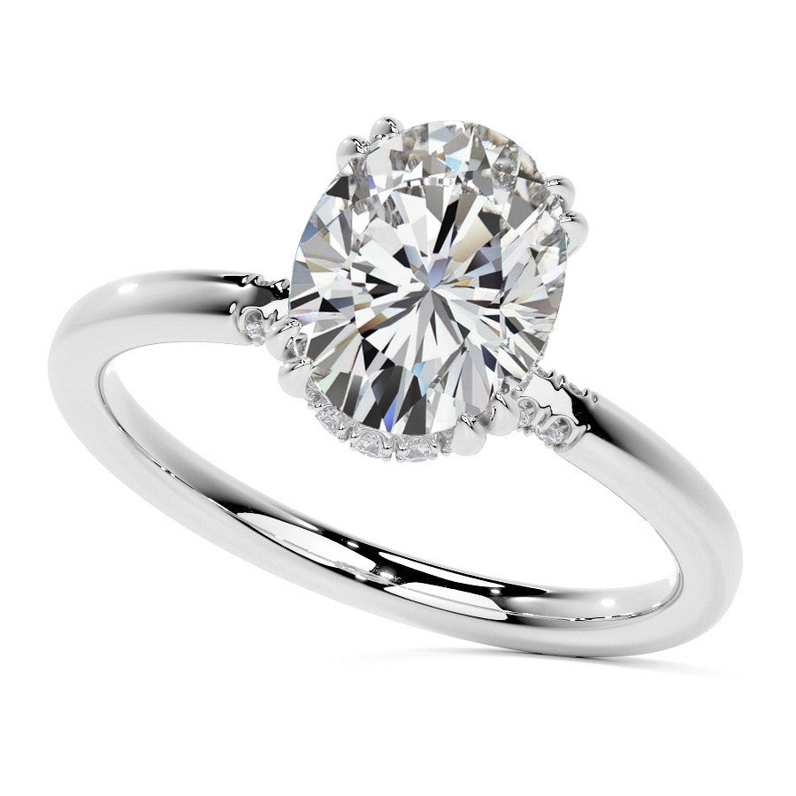 Double Prong Oval Moissanite Engagement Ring with Hidden Halo