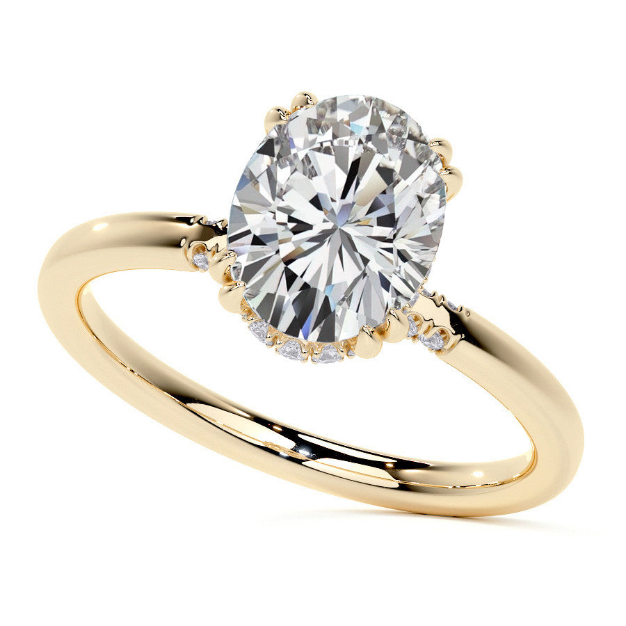 Double Prong Oval Moissanite Engagement Ring with Hidden Halo