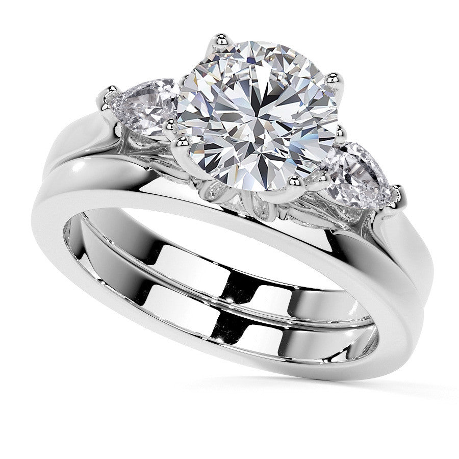 Round and Pear Moissanite 3-Stone Engagement Ring