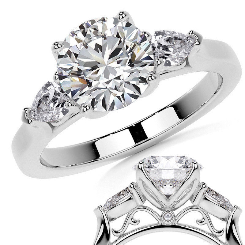 Round and Pear Moissanite 3-Stone Engagement Ring