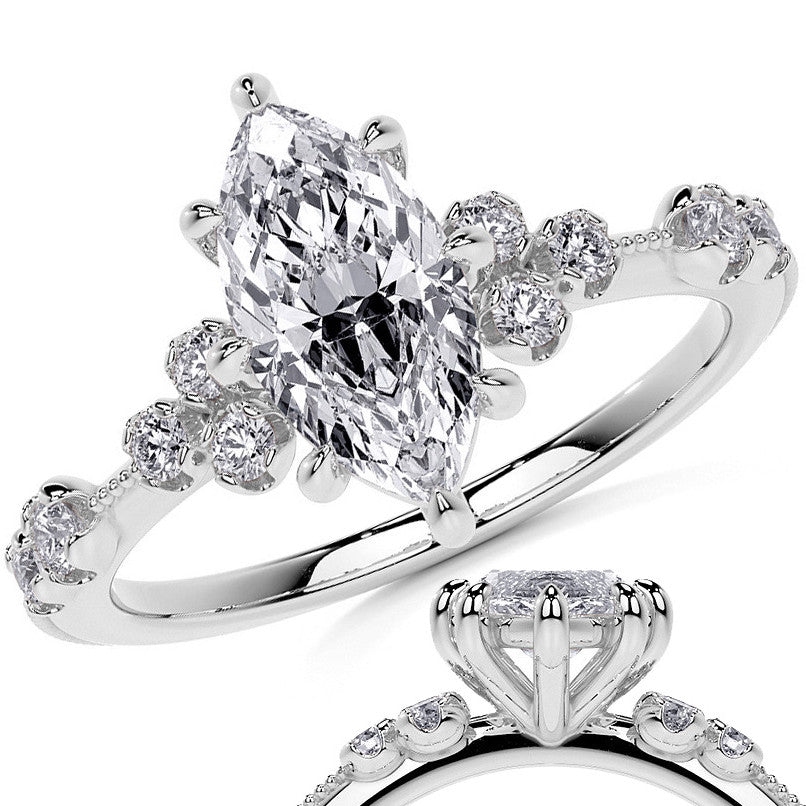 Petite Marquise and Round Brilliant Moissanite Engagement Ring with Milgra