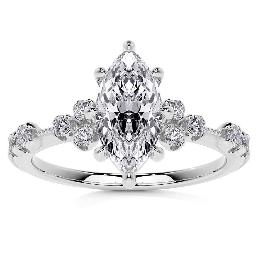 Petite Marquise and Round Brilliant Moissanite Engagement Ring with Milgra