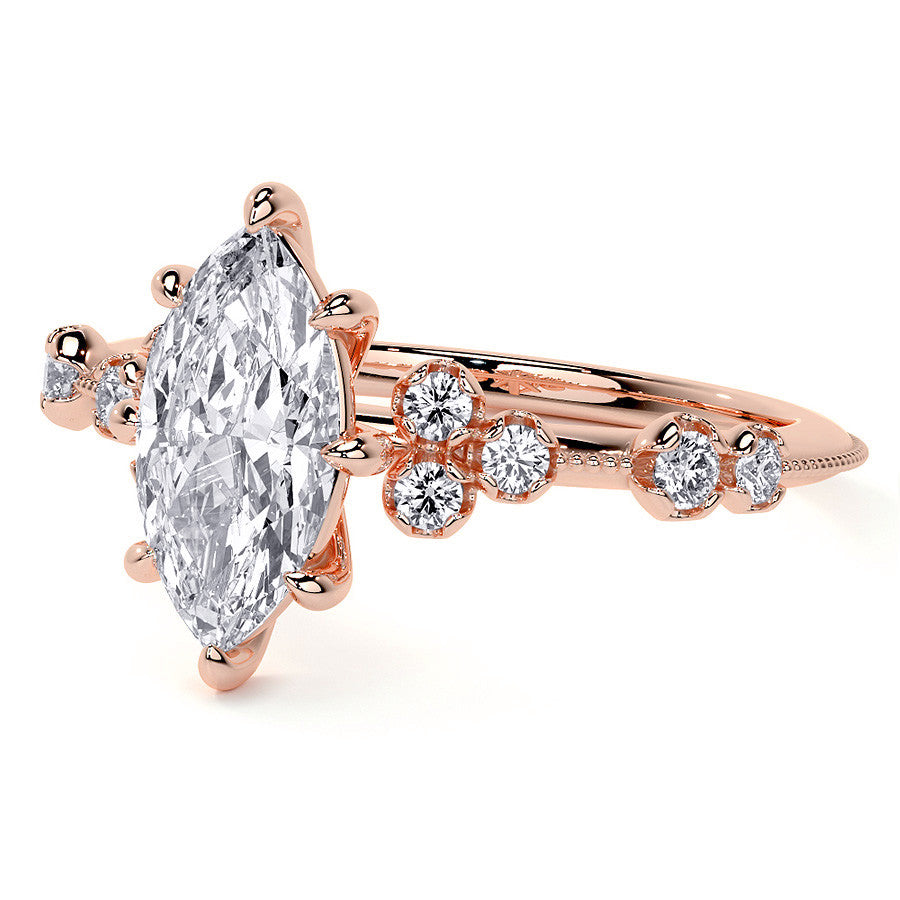 Petite Marquise and Round Brilliant Moissanite Engagement Ring with Milgra