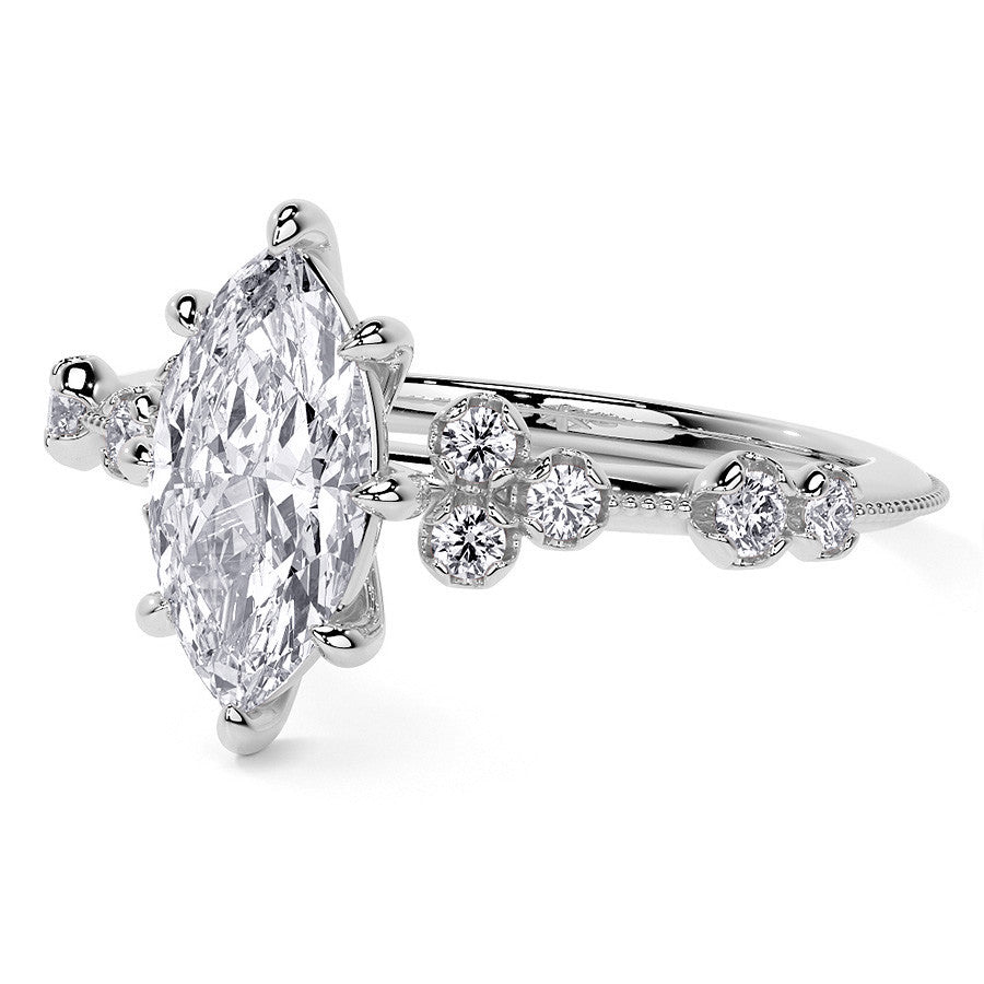 Petite Marquise and Round Brilliant Moissanite Engagement Ring with Milgra