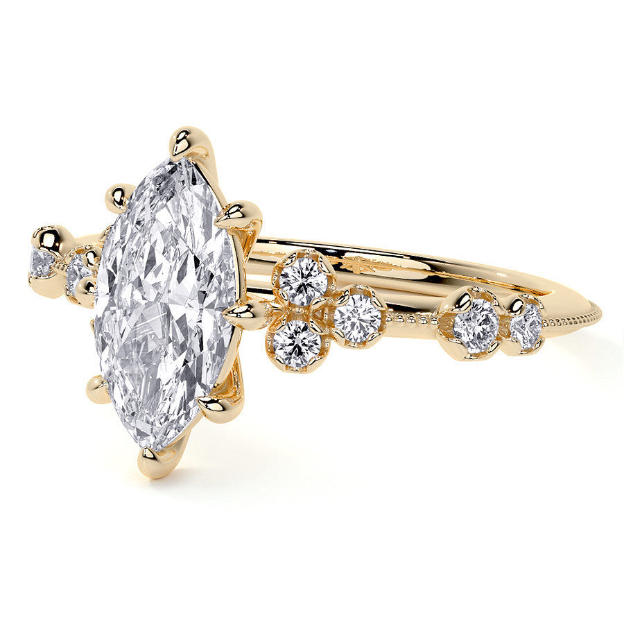 Petite Marquise and Round Brilliant Moissanite Engagement Ring with Milgra
