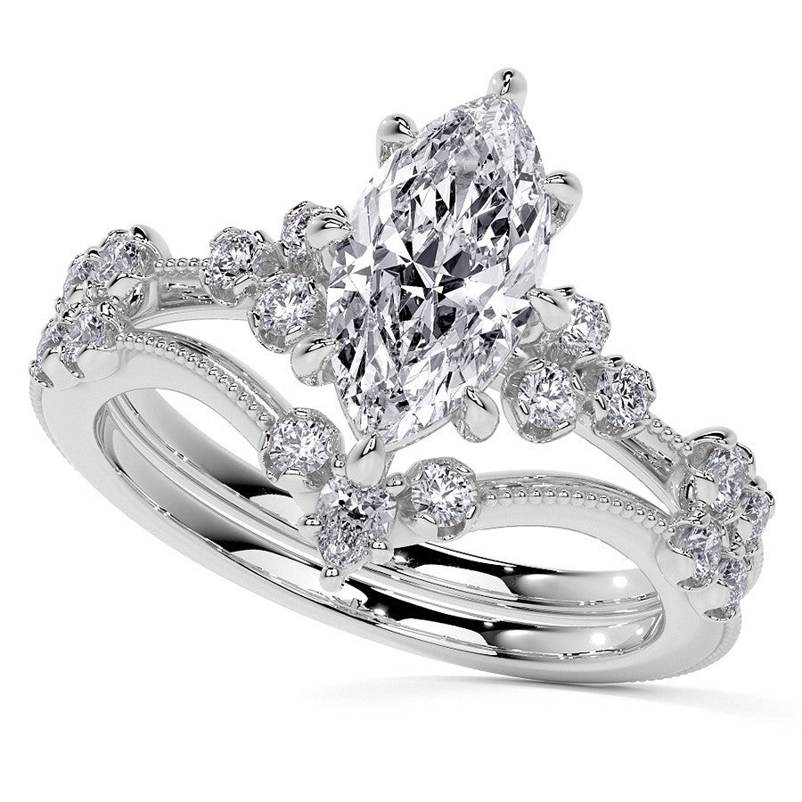 Petite Marquise and Round Brilliant Moissanite Engagement Ring with Milgra