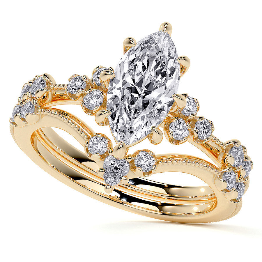 Petite Marquise and Round Brilliant Moissanite Engagement Ring with Milgra