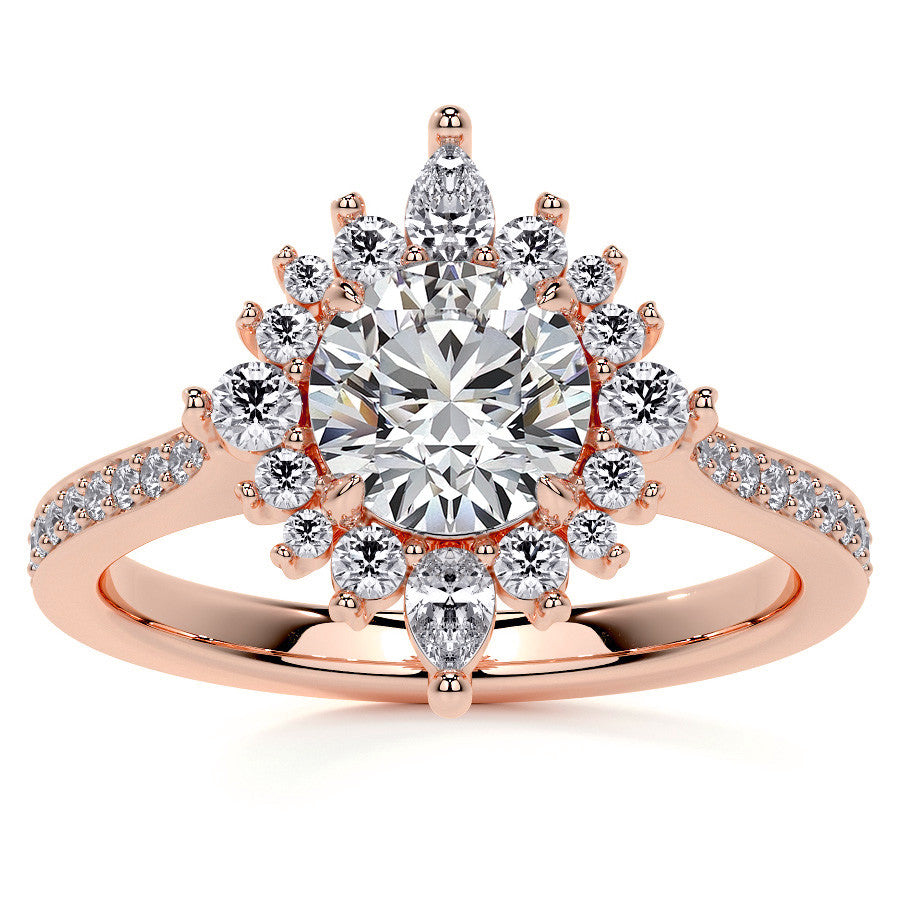 Round Halo Starburst Moissanite Engagement Ring