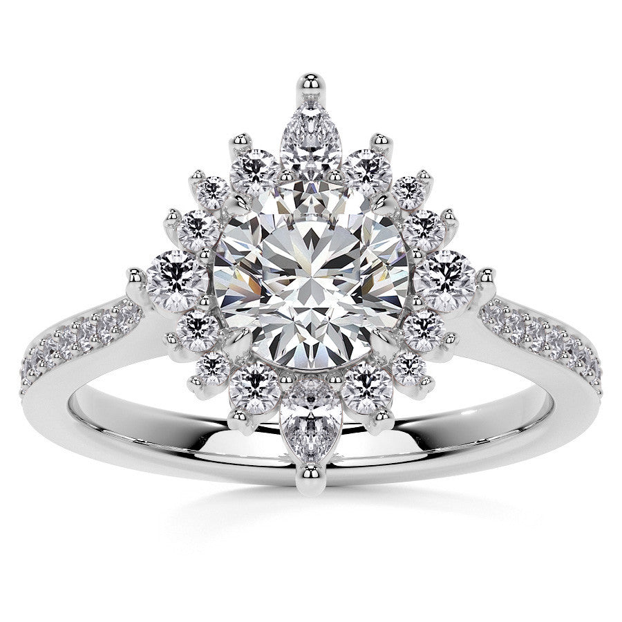 Round Halo Starburst Moissanite Engagement Ring