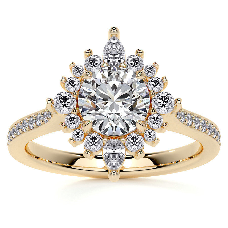 Round Halo Starburst Moissanite Engagement Ring