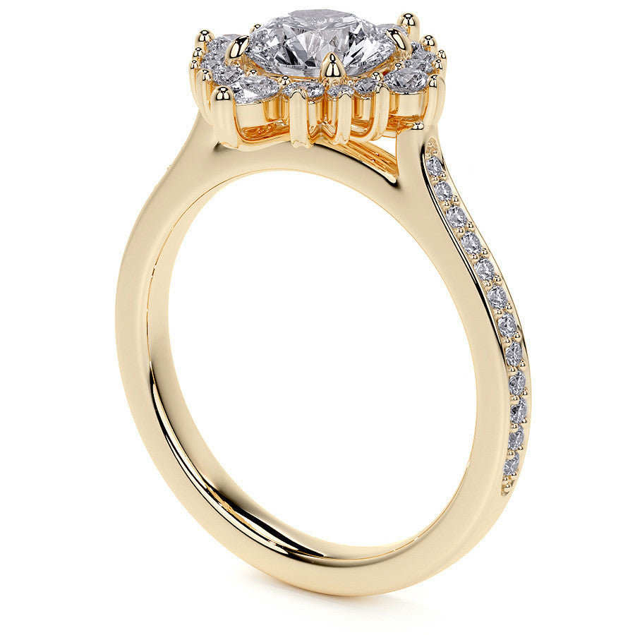 Round Halo Starburst Moissanite Engagement Ring