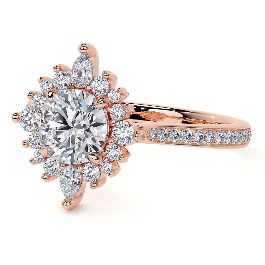 Round Halo Starburst Moissanite Engagement Ring