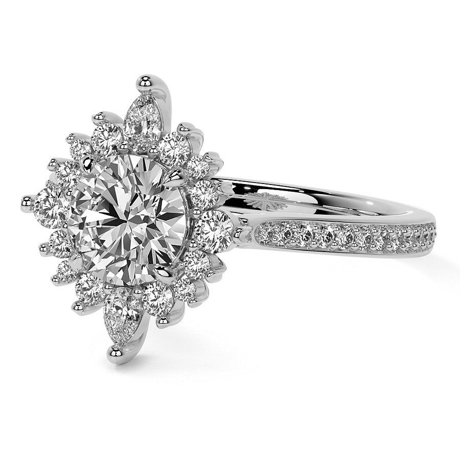 Round Halo Starburst Moissanite Engagement Ring