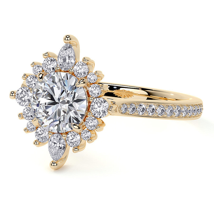 Round Halo Starburst Moissanite Engagement Ring