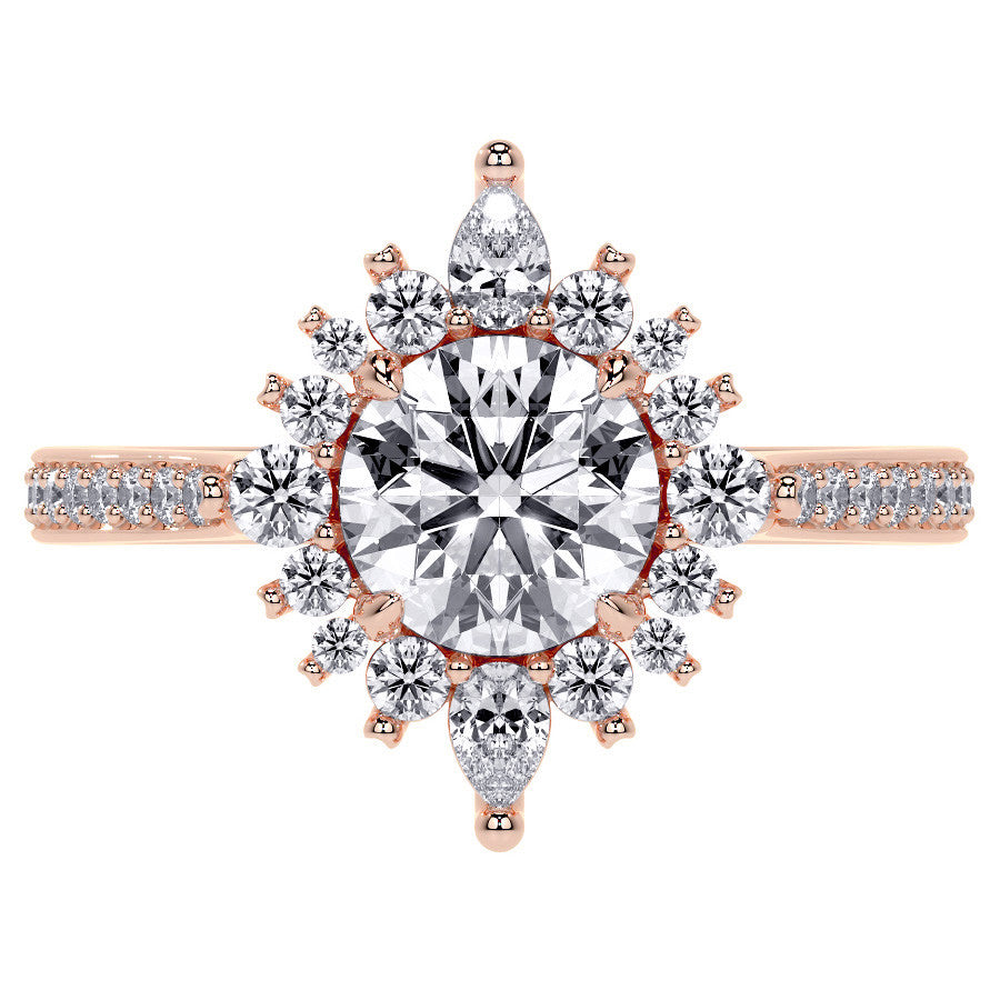 Round Halo Starburst Moissanite Engagement Ring