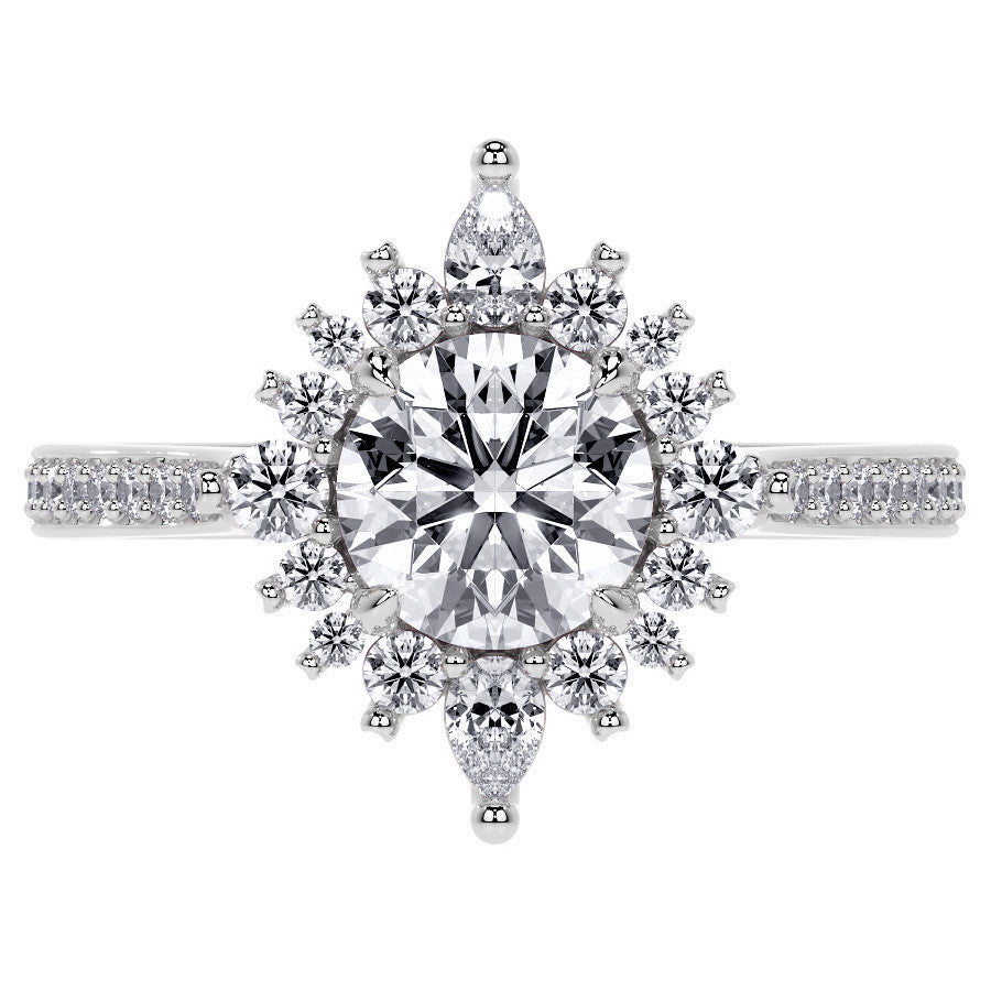 Round Halo Starburst Moissanite Engagement Ring