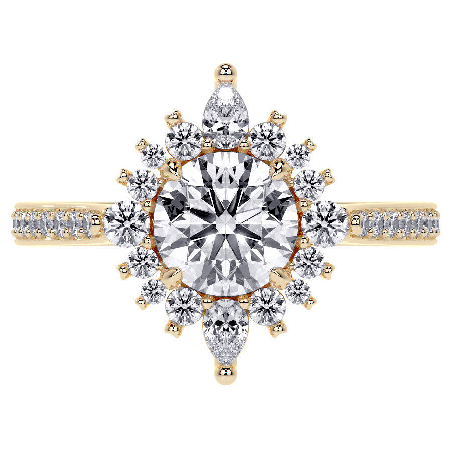 Round Halo Starburst Moissanite Engagement Ring