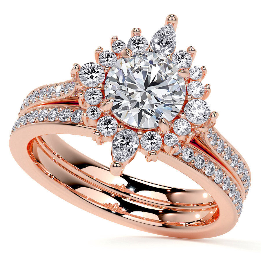 Round Halo Starburst Moissanite Engagement Ring