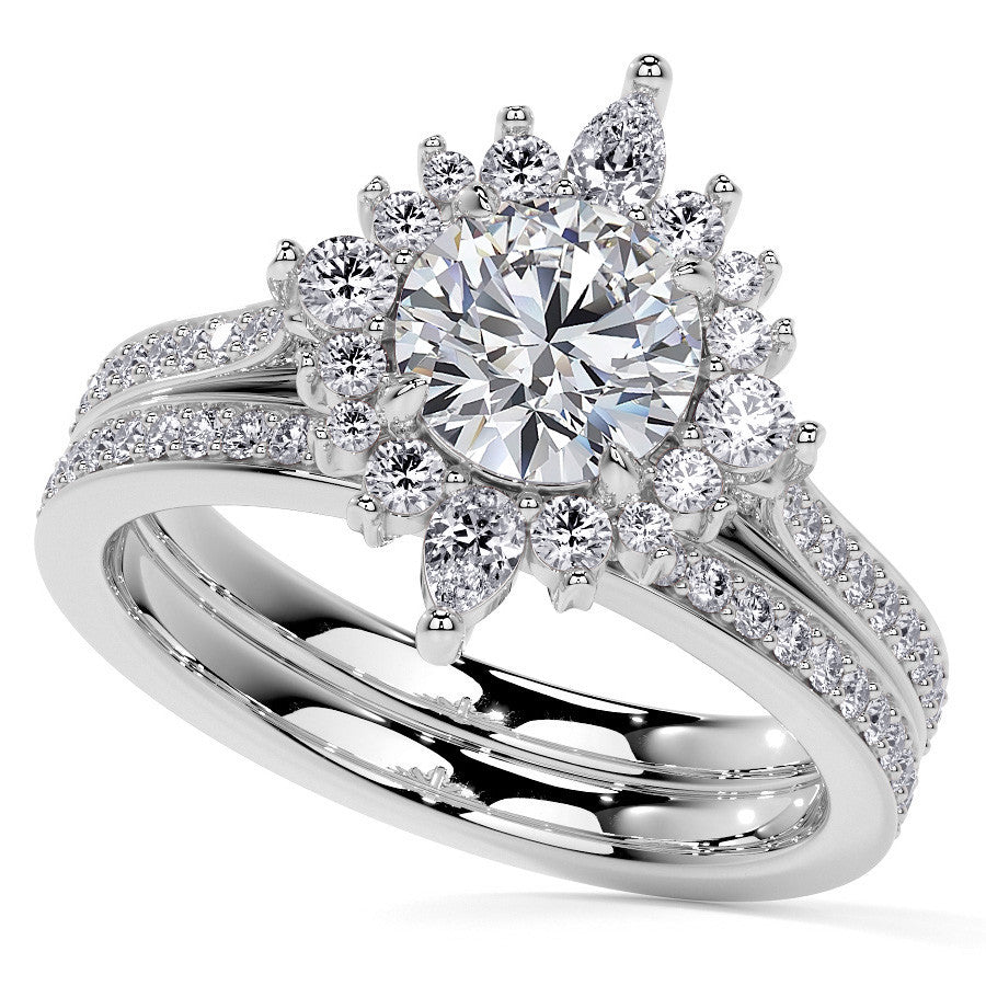 Round Halo Starburst Moissanite Engagement Ring