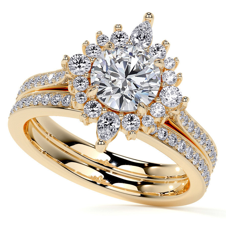 Round Halo Starburst Moissanite Engagement Ring