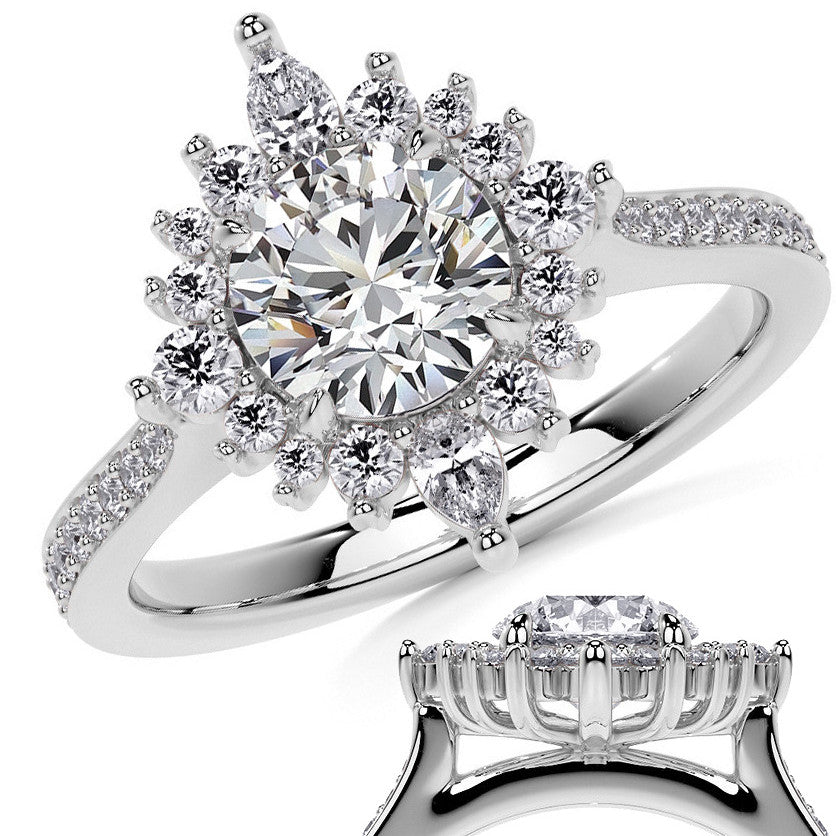 Round Halo Starburst Moissanite Engagement Ring